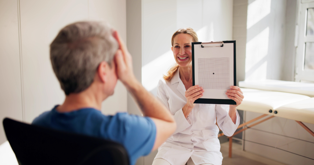 Macular Degeneration Care A healthcare professional holds an Amsler grid while a seated patient covers one eye during a vision test in a medical office.