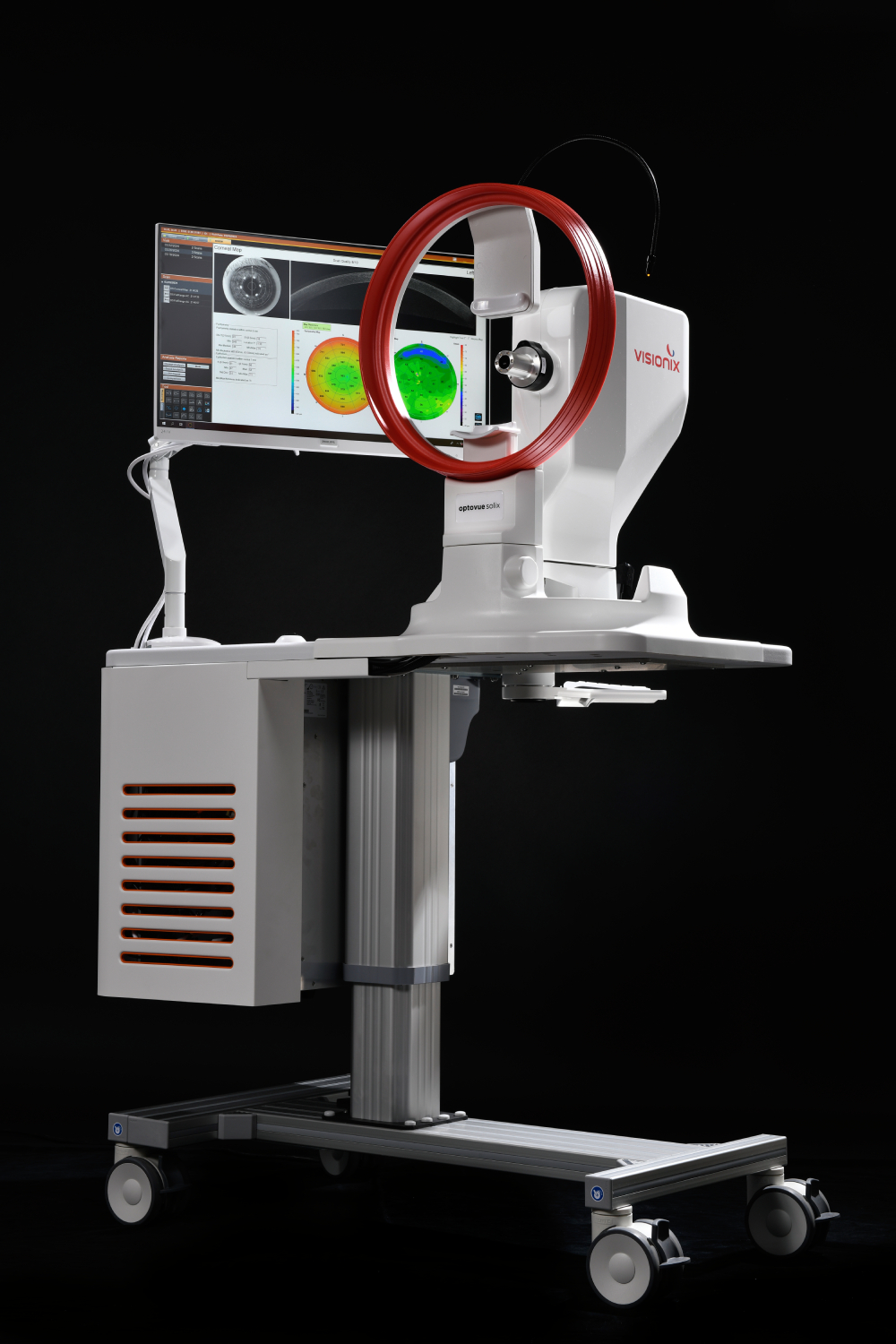 Optovue Solix with table full image (1) A medical diagnostic device with a red circular component and computer screen displaying ocular test results, mounted on a mobile cart with wheels.
