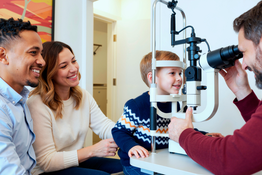 Pediatric eye care A young boy undergoes an eye exam with a doctor using a slit lamp while two adults, likely his parents, watch and smile.