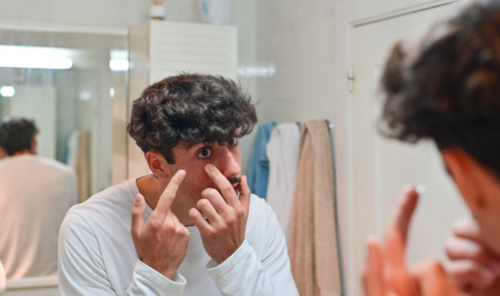 Why Choose Spectrum Eye Care for Contact Lenses A man in a white shirt stands in front of a bathroom mirror, using his fingers to examine or touch his lower eyelid. Towels hang on racks in the background.