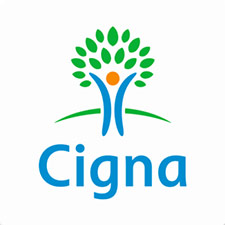 Cigna logo featuring a stylized tree with green leaves and a blue trunk forming a person, with the word "Cigna" in blue text below.