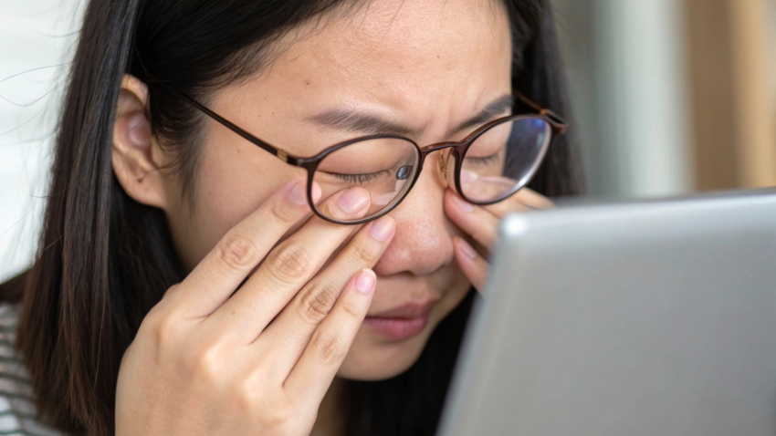 A person wearing glasses rubs their eyes while sitting in front of a laptop, appearing tired or uncomfortable.